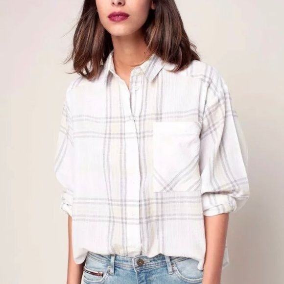 FREE PEOPLE Cutie Ivory Plaid Batwing Button Front Shirt Sz S - Picture 2 of 10